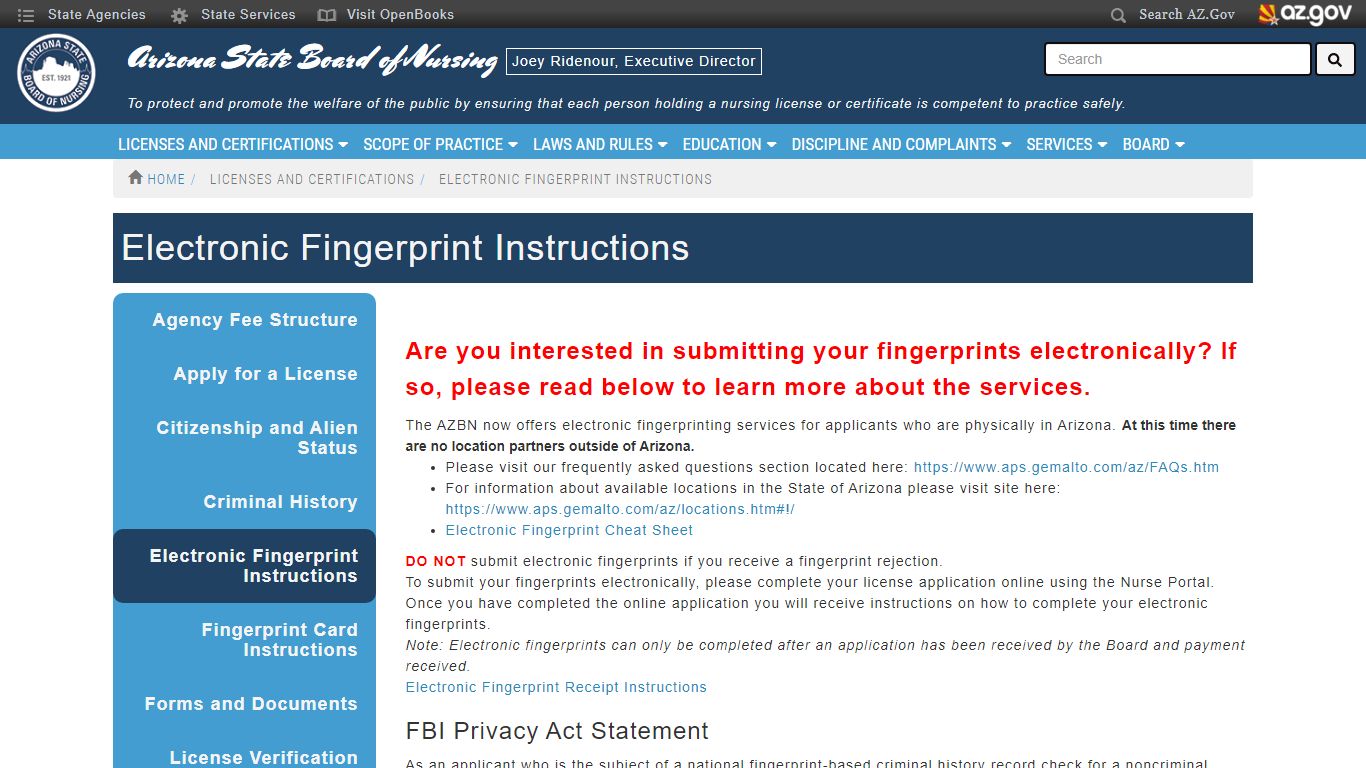 Electronic Fingerprint Instructions | Arizona State Board of Nursing - AZBN